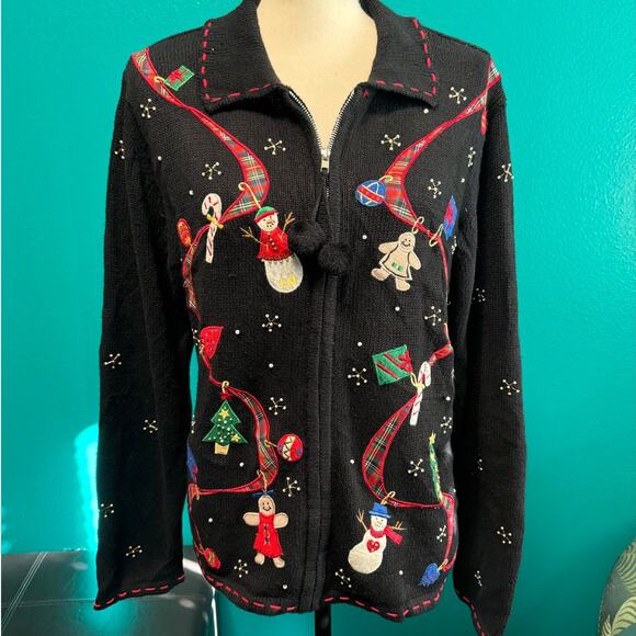 Erika Vintage Black Zip Christmas Gingerbread Snowman Knit Sweater Medium - Picture 4 of 13
